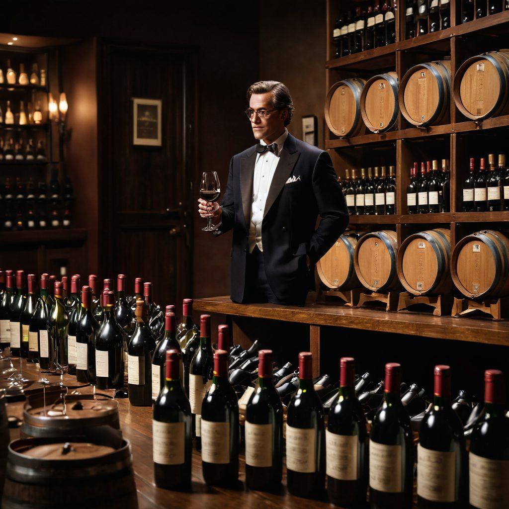 An elegant wine auction scene featuring collectors examining bottles, with a diverse array of premium wines on display. A sophisticated auctioneer passionately showcasing a rare wine, surrounded by vintage barrels and soft, ambient lighting that evokes a sense of luxury. Include a backdrop of rich, dark wood and a few wine glasses in the foreground. super-realistic. warm tones. vintage aesthetic.