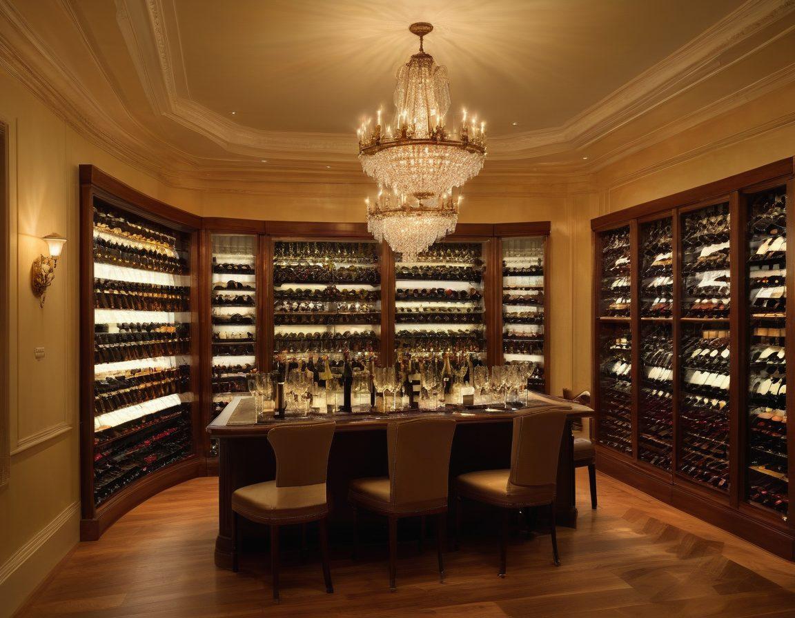 An elegant auction room filled with vintage wine bottles, showcasing luxurious labels and ornate designs. Soft golden lighting highlights the shimmering glass, while diverse collectors in formal attire examine the wines with keen interest. A backdrop of a vintage wine rack complements the scene, creating an intimate atmosphere. super-realistic. warm color palette. elegant ambiance.